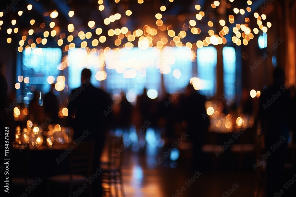A lively gathering takes place in a stylish venue adorned with strings of warm lights. Guests mingle and enjoy the festive atmosphere during the evening event.