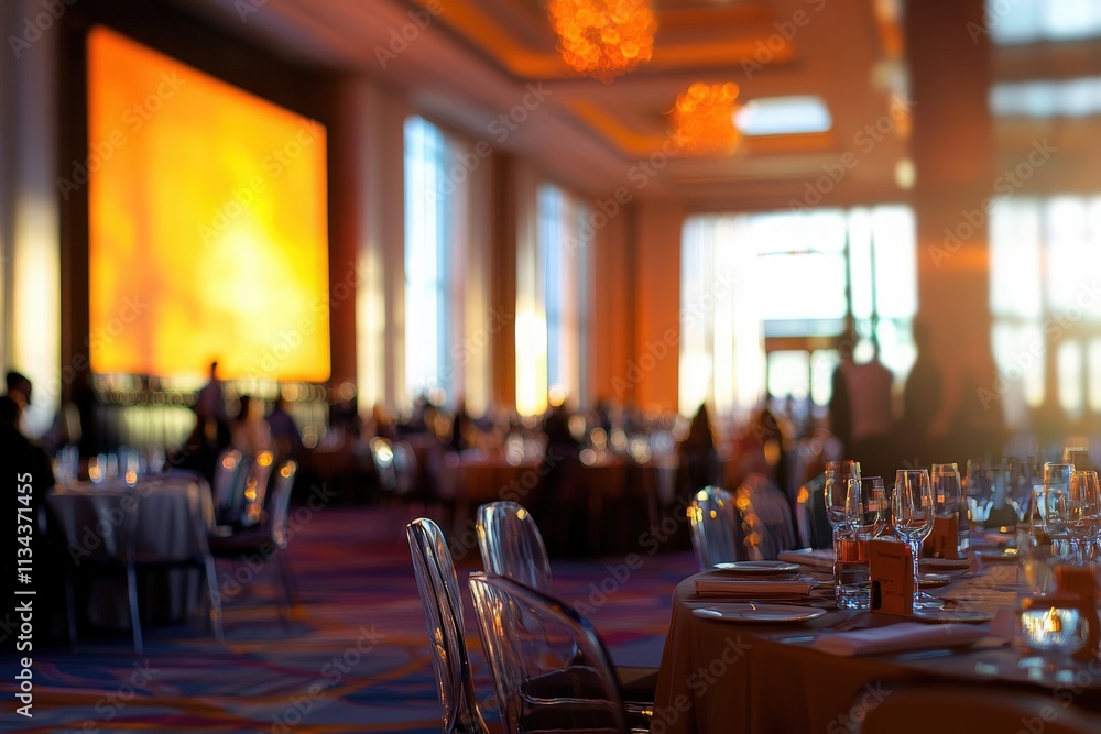 Tables are elegantly arranged for a formal dinner, bathed in warm orange light from large windows. Guests mingle and enjoy the atmosphere in a stylish space.