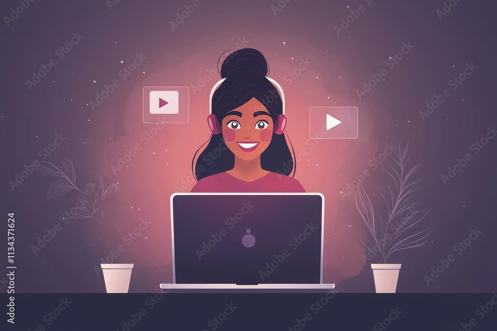 A cheerful young woman wears headphones and smiles while using a laptop at her desk. The background is illuminated with soft lighting, creating a cozy atmosphere for online activities.