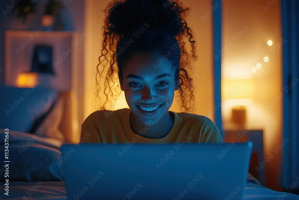 A young girl sits on her bed in a softly lit bedroom, enjoying a moment while using her laptop. The warm glow from lamps creates a calming atmosphere as she smiles brightly.