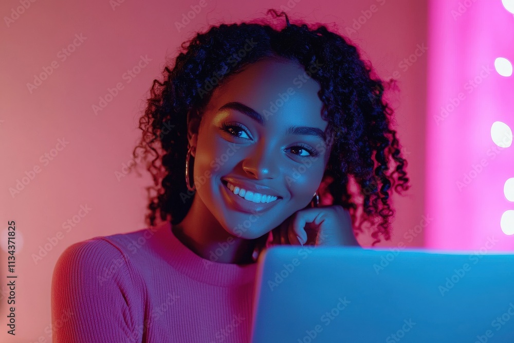 A young woman with curly hair is smiling while working on her laptop in a cozy room illuminated by colorful lights. The warm atmosphere creates a joyful and relaxed mood.