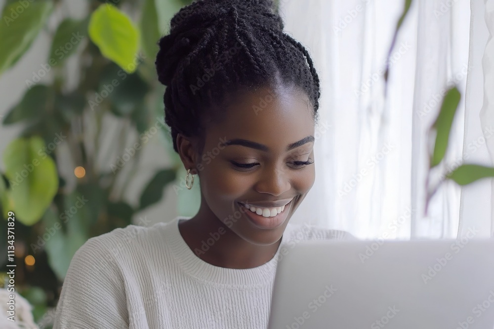 A woman with braided hair is seated indoors, focusing on her laptop. She is smiling, creating a warm and inviting atmosphere amidst the lush plants around her.