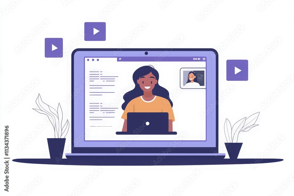 A cheerful female student engages in online learning through a laptop, participating in video calls and studying materials. Indoor setting features decorative plants and an organized workspace.