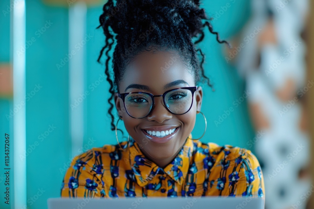A young woman with curly hair and glasses smiles while using her laptop in a colorful and creative workspace. Bright patterns and decor enhance the lively atmosphere.
