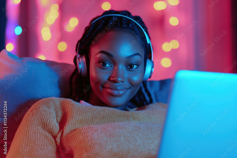 A young woman, wearing headphones, smiles as she engages with her laptop. The cozy setting features soft, colorful lights that create a warm atmosphere, perfect for relaxation or study.