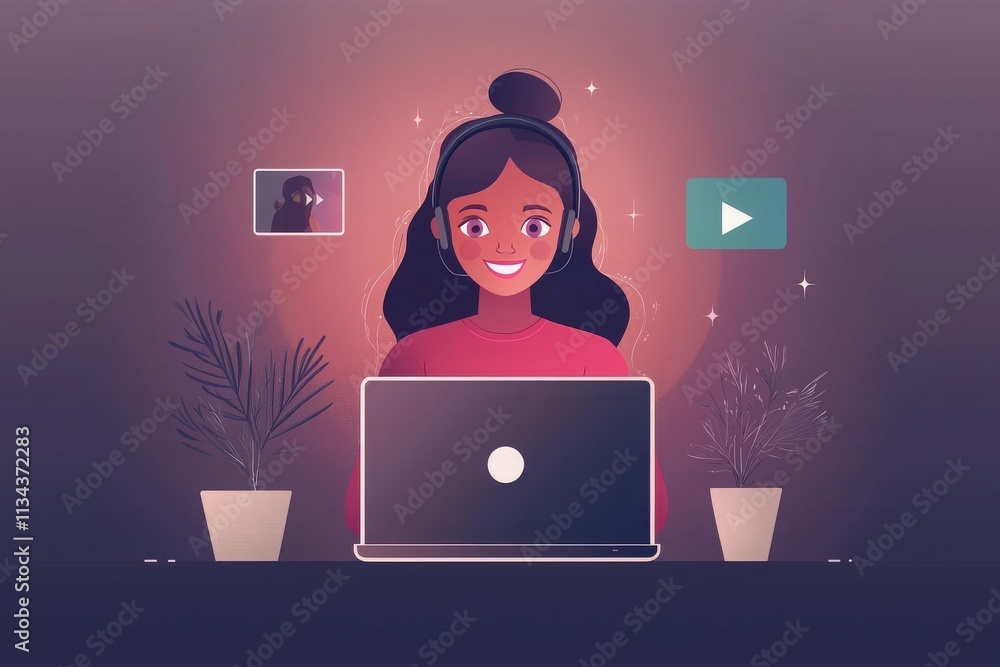 A young woman sits at a desk with a laptop, wearing headphones while smiling. Two video call frames show her engaging in an online conversation at home, surrounded by plants.