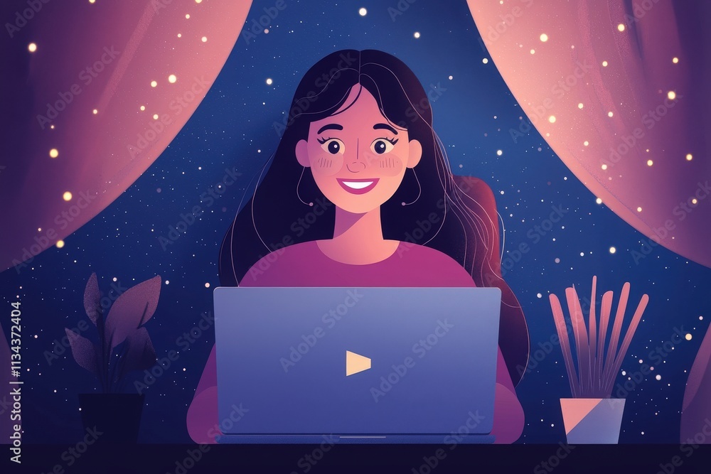 A woman sits at a desk, smiling as she works on a laptop in a cozy room. Soft lights glow around her, creating a warm ambiance with plants nearby and a starry night visible through the window.