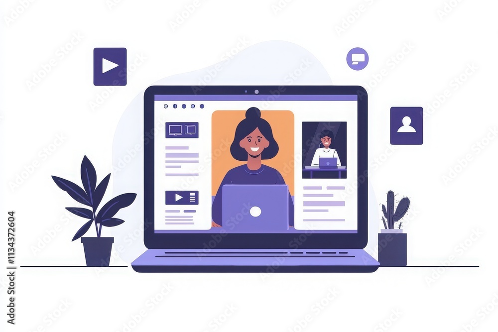 A student engages in an online learning session using a laptop. The workspace features plants and digital elements, illustrating a modern learning environment.