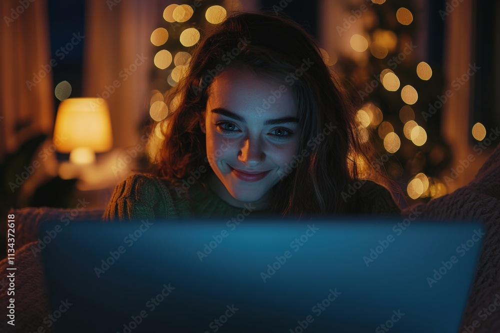 A young woman smiles warmly while sitting on a sofa at home. The soft glow of lights from the laptop and nearby Christmas decorations creates a festive and cozy atmosphere.