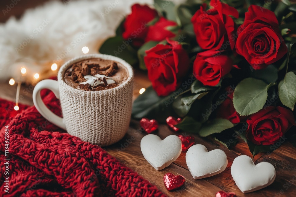 A warm and inviting arrangement featuring a knitted cup of hot chocolate topped with whipped cream, surrounded by red roses, heart-shaped treats, and festive decorations. Perfect for winter.