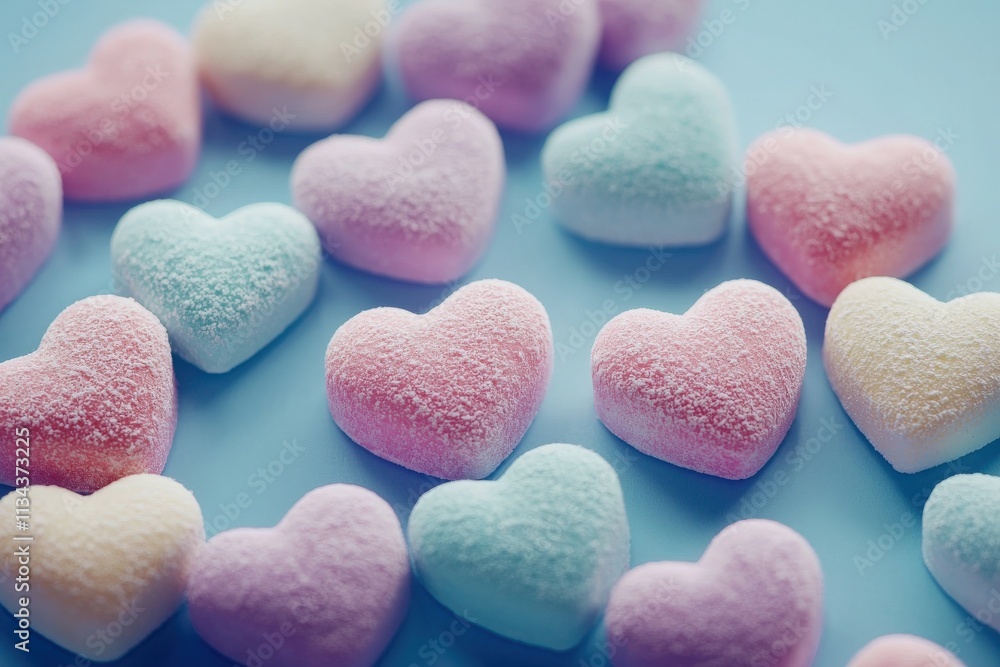 Various pastel-colored heart-shaped candies are scattered across a blue surface, creating a whimsical and cheerful display. The vibrant colors add a playful touch to the setting, inviting sweetness.