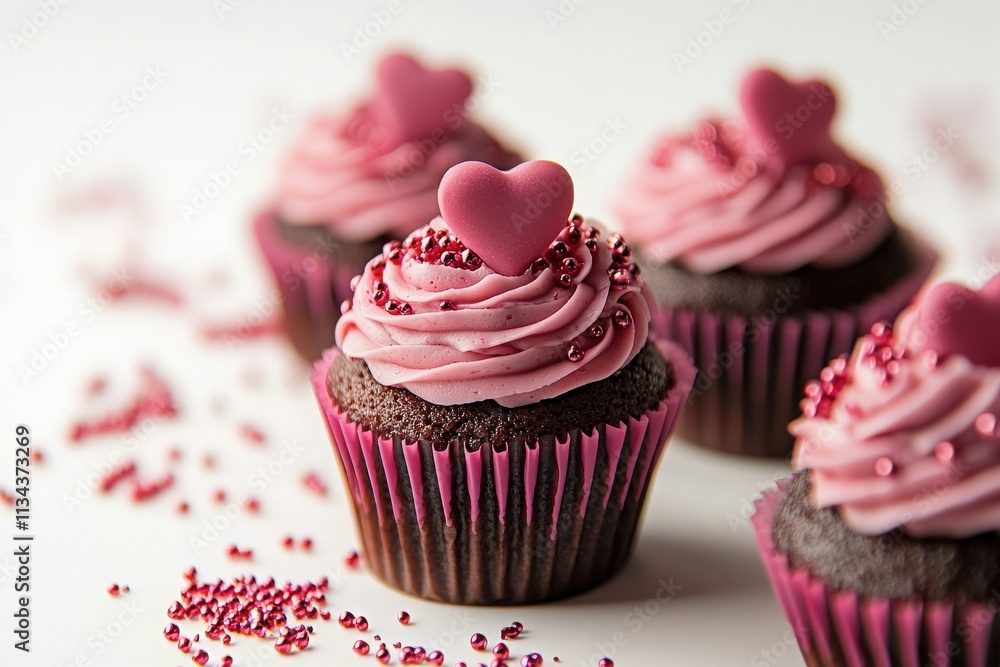 Chocolate cupcakes topped with pink frosting and heart-shaped decorations showcase a festive look. Perfect for celebrations such as birthdays, weddings, or anniversaries.
