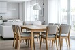 © Trendistudio - A dining room with minimalist, white-finished walls and a Scandinavian interior design with a view of the living room. Generative AI