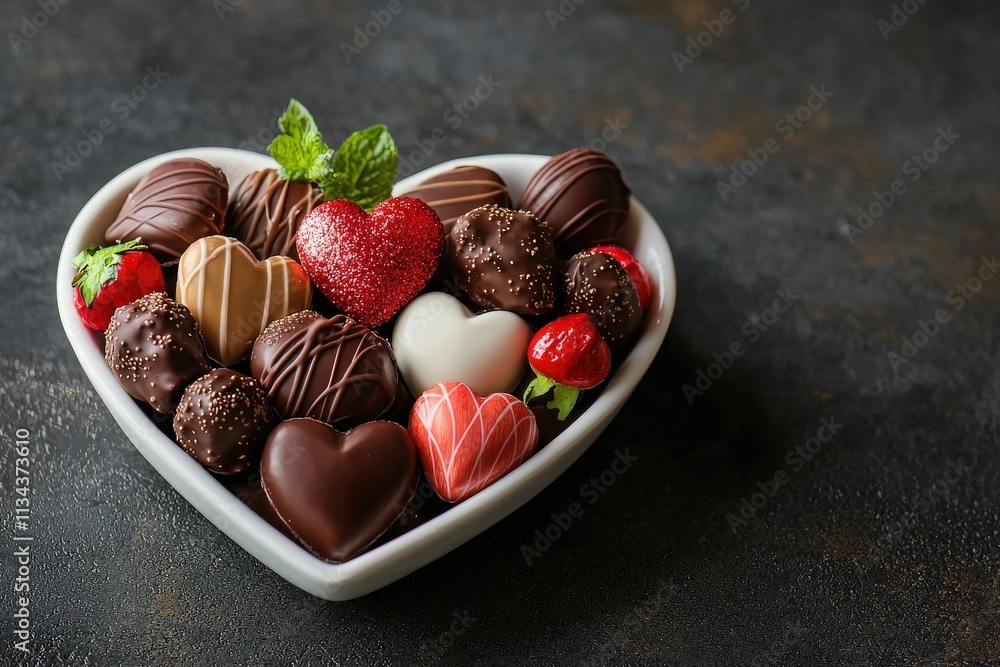 A heart-shaped bowl filled with various chocolates, including heart-shaped pieces and fresh strawberries. Mint leaves add a touch of color, enhancing the display for a romantic occasion.