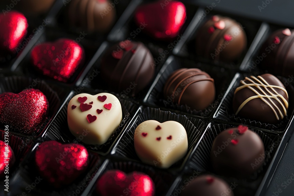 Delightful assorted chocolates arranged in a box, featuring heart-shaped treats in various designs. Perfect for celebrating love on special occasions or as a sweet surprise.
