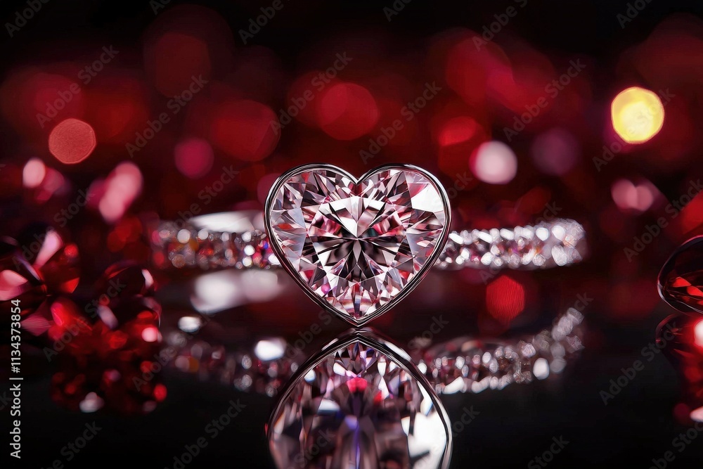 A dazzling heart-shaped diamond ring is elegantly displayed on a reflective surface, surrounded by glittering red gemstones, creating a romantic and luxurious ambiance.