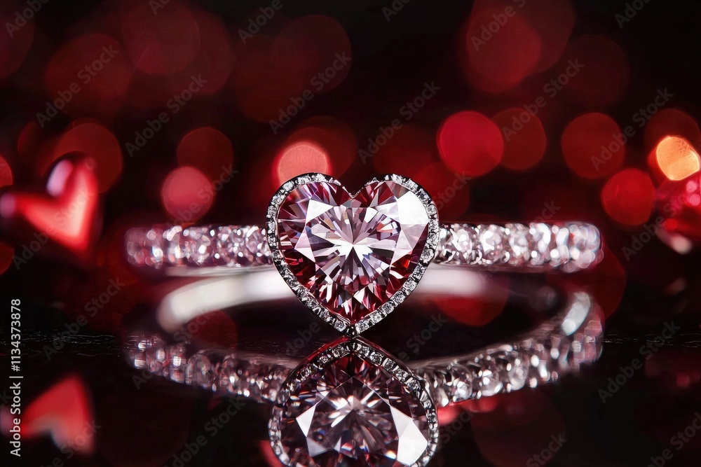 A stunning heart-shaped diamond ring reflects light beautifully in front of a backdrop filled with soft red bokeh. The intricate design highlights elegance and romance, perfect for a special occasion.