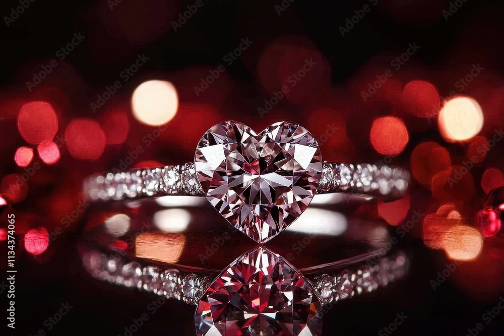 A heart-shaped diamond ring glistens against a rich, red backdrop. The rings intricate design features sparkling accents, adding elegance to the striking piece of jewelry.