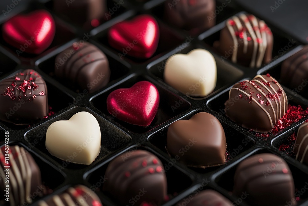 A beautiful collection of heart-shaped chocolates showcases various flavors and designs. Red and white chocolates are artfully arranged in a dark box, perfect for gifting on special occasions.
