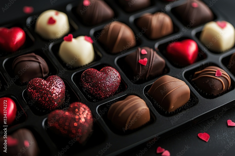 A tray filled with various heart-shaped chocolates in different flavors and designs is displayed. This delightful assortment is ideal for romantic gifts on anniversaries or Valentines Day.