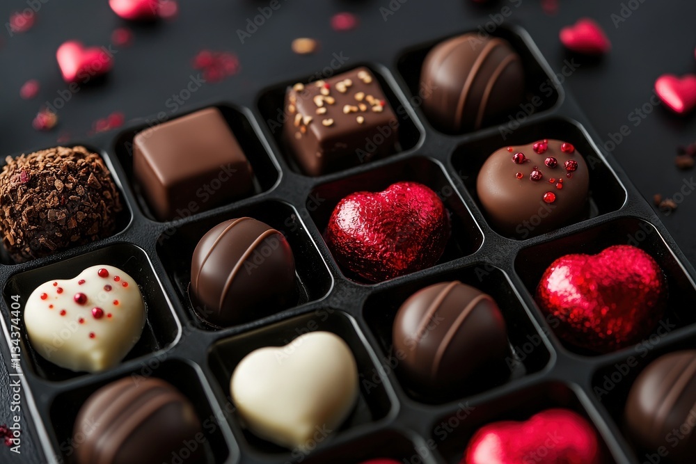 A beautifully arranged box of assorted chocolates features heart-shaped confections in various designs. Perfect for celebrating love or gifting on special occasions.