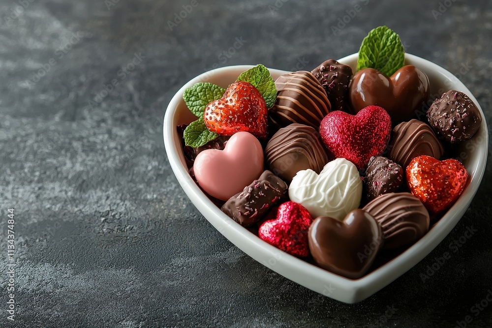 A heart-shaped bowl displays an assortment of chocolates, including white, dark, and milk varieties, alongside fresh strawberries and mint leaves, perfect for a romantic occasion.