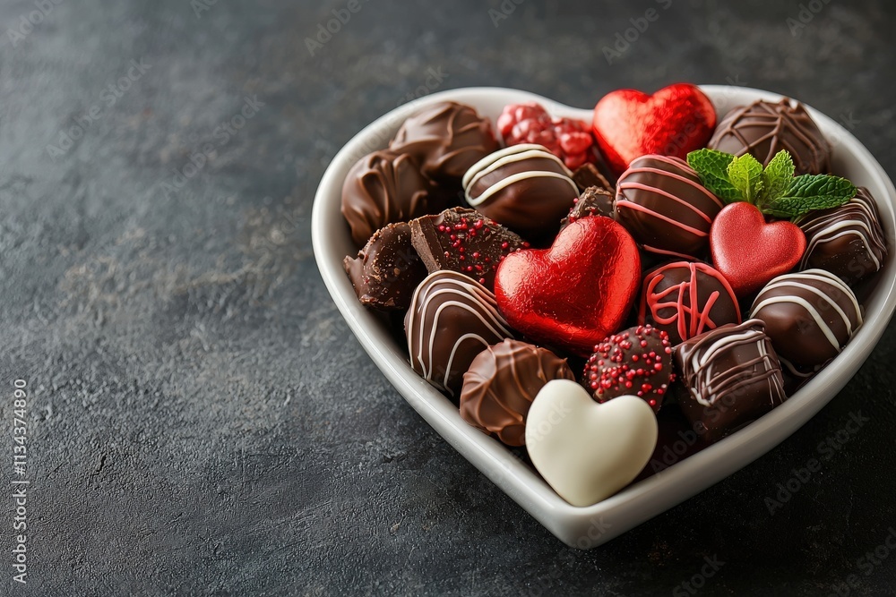 A heart-shaped bowl overflows with an array of chocolates, including dark, milk, and white varieties, perfect for celebrating special moments like Valentines Day or anniversaries.