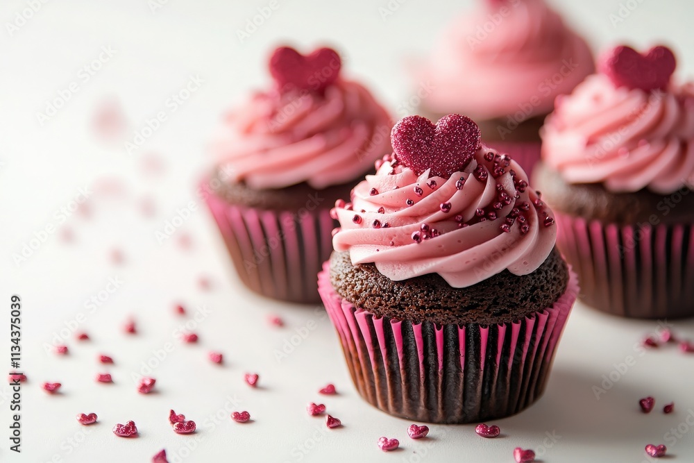 Four chocolate cupcakes are decorated with pink frosting and red sparkle hearts. They are arranged attractively with sprinkle details scattered around. Perfect for celebrations.
