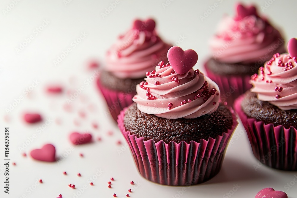 Four chocolate cupcakes with swirls of pink frosting are decorated with heart-shaped sprinkles and chocolate hearts.