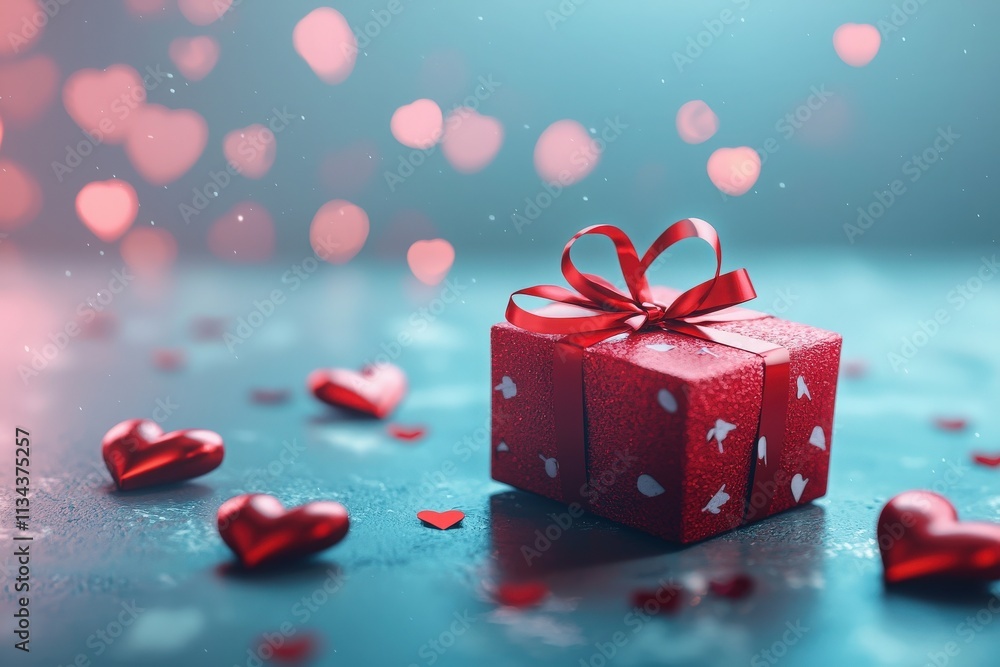 A red gift box adorned with hearts rests on a shimmering surface, surrounded by small heart decorations. The soft glow of lights creates a romantic atmosphere, perfect for a celebration.
