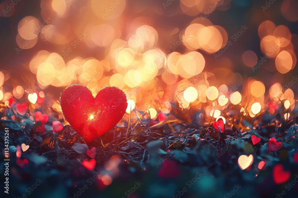 A large red heart glows amidst a field of smaller hearts, creating a romantic atmosphere filled with soft lights and bokeh. This enchanting setting evokes feelings of love and warmth.