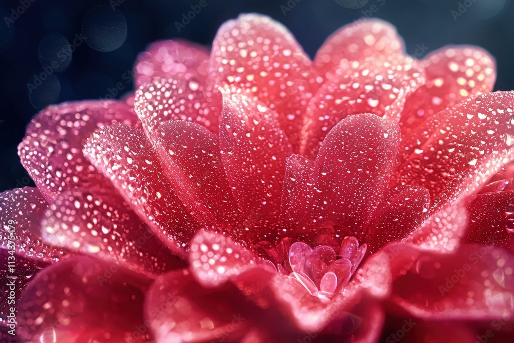 A close-up view of a vibrant pink flower covered in sparkling water droplets. The delicate petals glisten under soft lighting, creating a striking and mesmerizing effect.