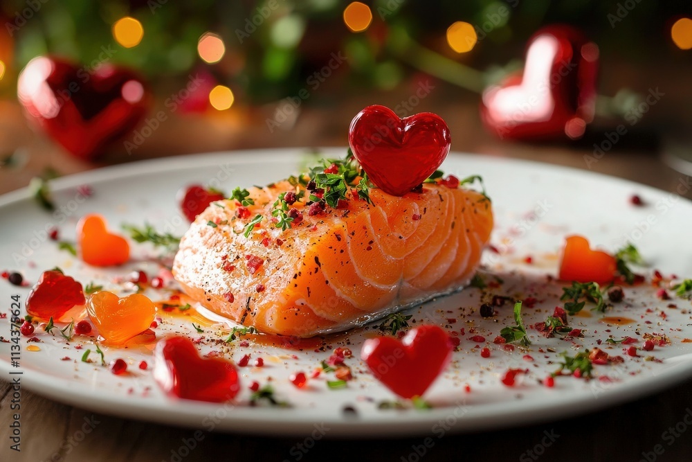 A beautifully plated salmon fillet showcases vibrant colors and textures, topped with herbs and charming red heart candies, creating a romantic atmosphere for a special meal.
