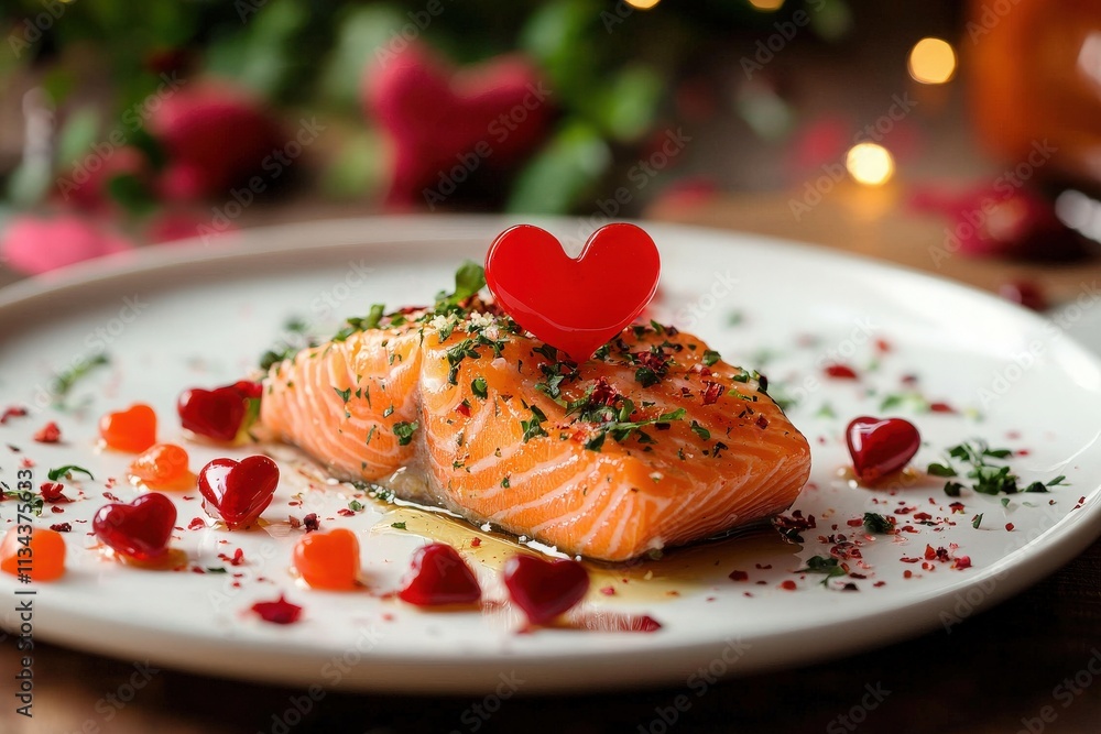 A beautifully plated salmon dish features vibrant colors and textures. Garnished with fresh herbs, edible flowers, and heart-shaped decorations, it sets a romantic mood for a special occasion.