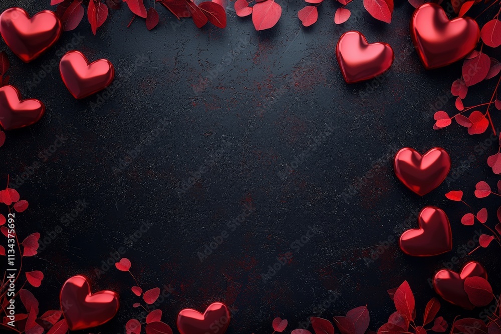 A collection of shiny red hearts is surrounded by vibrant leaves on a dark background, evoking a romantic atmosphere suitable for celebrations like Valentines Day or anniversaries.
