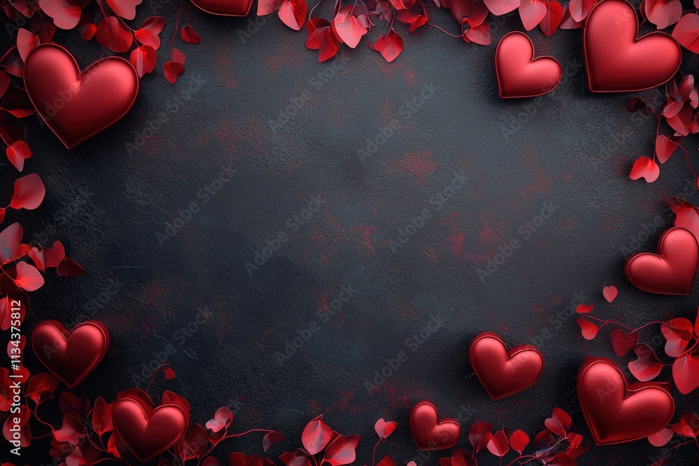 A dark background is adorned with vibrant red hearts and delicate leaves, perfect for romantic themes and celebrations like Valentines Day or anniversaries.