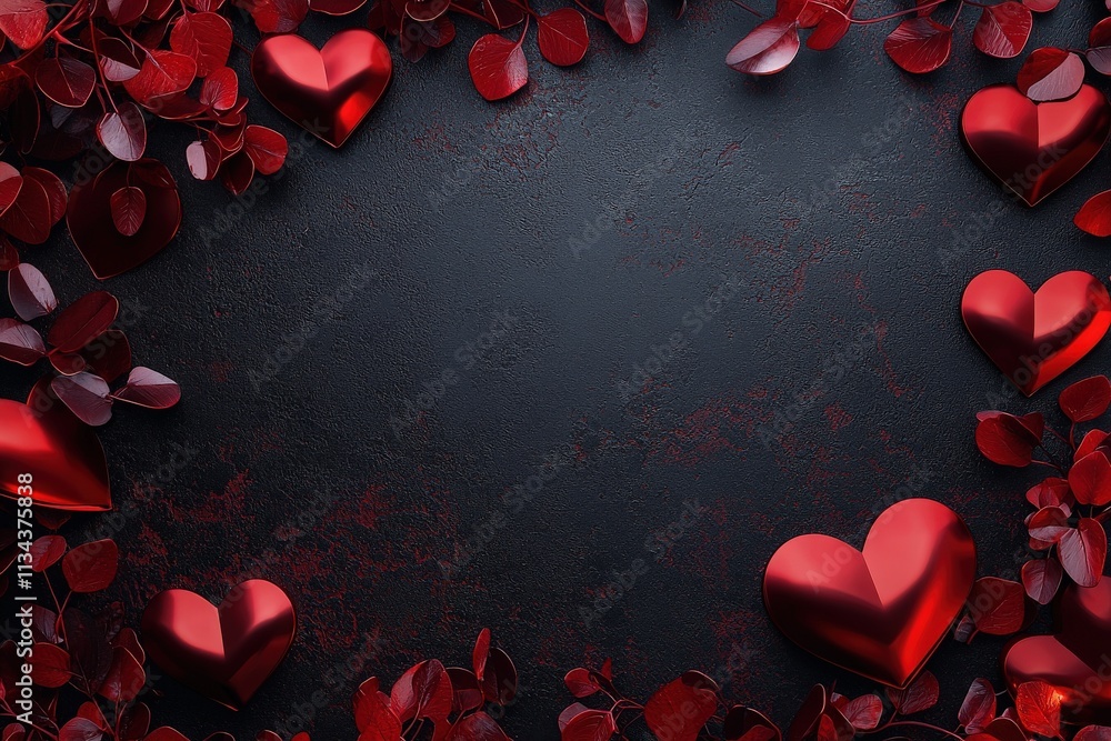 Vibrant red heart shapes are arranged beautifully among dark leaves, creating a romantic setting. The contrasting deep background enhances the warm hues of the hearts, suggesting love and affection.