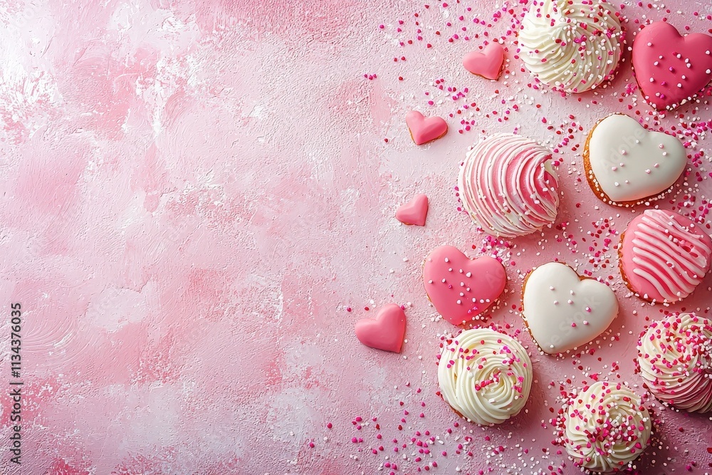 Colorful heart-shaped cookies and swirled cupcakes are scattered on a soft pink surface, adorned with sprinkles and creating a festive atmosphere perfect for a celebration.