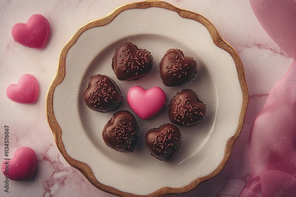 A plate features seven chocolate heart-shaped candies surrounded by pink heart candies. The setup is elegant, ideal for celebrations or romantic moments.
