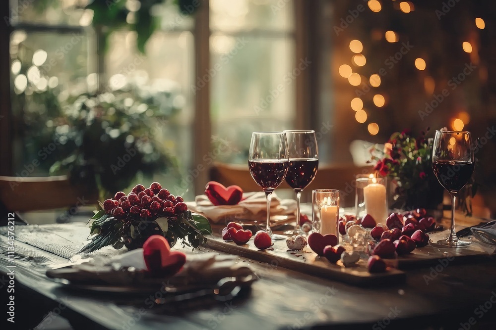 A cozy dinner table is set with red wine glasses, heart-shaped decorations, and candles, creating a warm atmosphere with soft lighting and floral accents for a romantic evening.