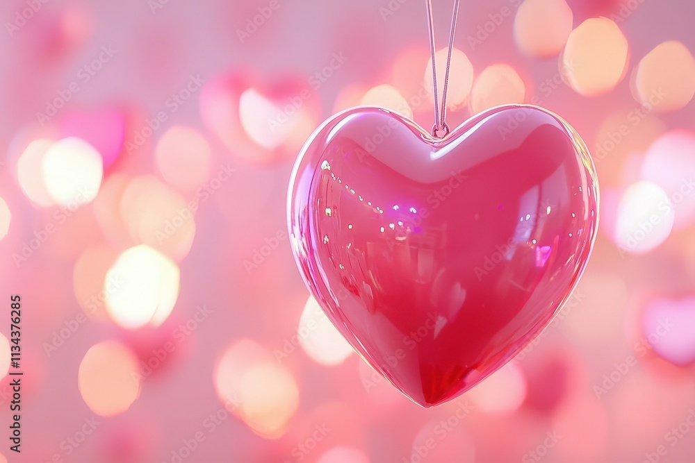 A vivid pink heart ornament is suspended in front of a dreamy bokeh backdrop filled with soft, bright hues. This setting evokes warmth and affection, ideal for romantic occasions.