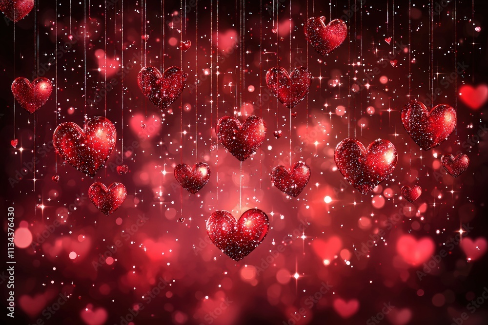 Bright red hearts covered in glitter hang against a soft, shimmering background. This vibrant scene evokes feelings of love and joy, perfect for any romantic occasion or celebration.