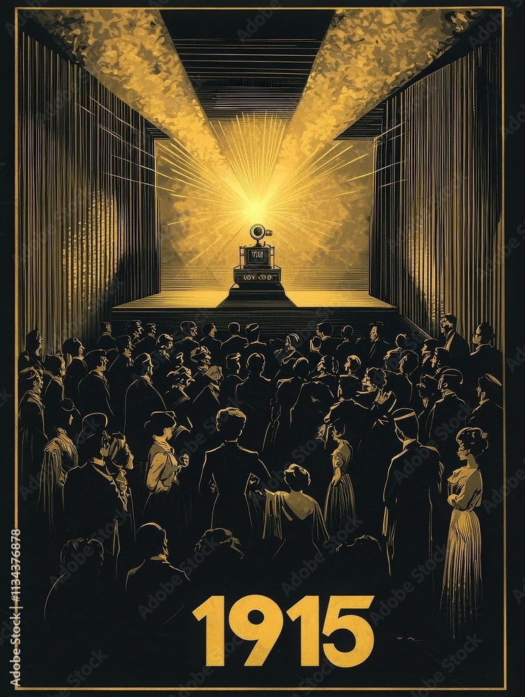 A large audience stands in a darkened venue, captivated by a spotlight shining on a vintage projector in 1915.