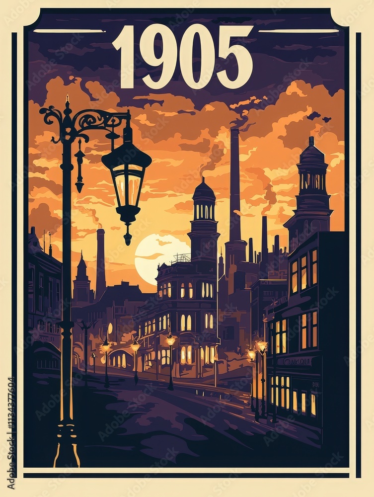 A cityscape from 1905 featuring vintage architecture and industrial structures illuminated by street lamps at sunset. The warm glow accentuates the skyline and factory silhouettes.