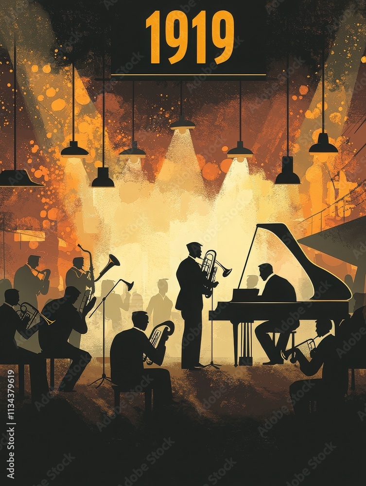 A group of musicians plays various instruments in a stylish jazz club.