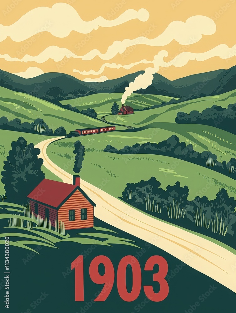 A picturesque scene unfolds with a winding road leading to a cozy cottage surrounded by lush greenery.