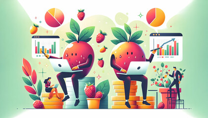 Wall Mural - Flat Fruit Cash Flow Management: Diligent Fruits Analyzing Financial Charts on Laptops with Abstract Bokeh Background