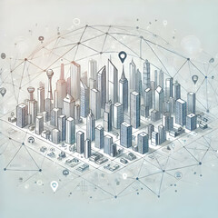 Wall Mural - Flat Abstract City Skyline Network Lines on Soft Background - Smart City Concept with Copy Space