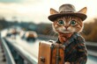 © syamil - A charismatic cat resembling a beloved film character, dressed in a classic suit and wide-brimmed hat, carrying a vintage suitcase while strolling along a bustling highway. The blurred background feat