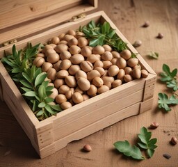 Wall Mural - Argan nut kernels and fresh leaves in a small wooden box, decorative, green, fruit